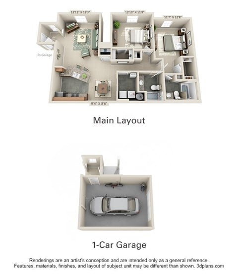 Floor plan for 2 beds, 2 baths, 1130 sqft